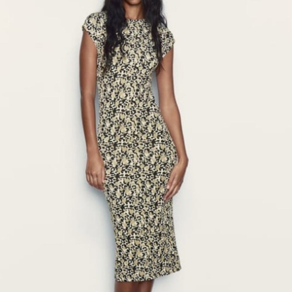 Zara Leopard Print Midi Dress Cap Sleeves Round Neck Size Small